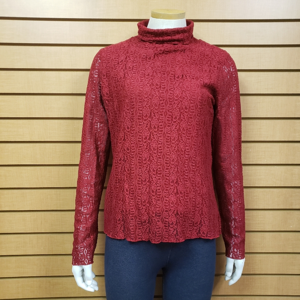 J. Jill Red Lace Turtleneck Blouse Medium Long Sleeve Floral Lined Top